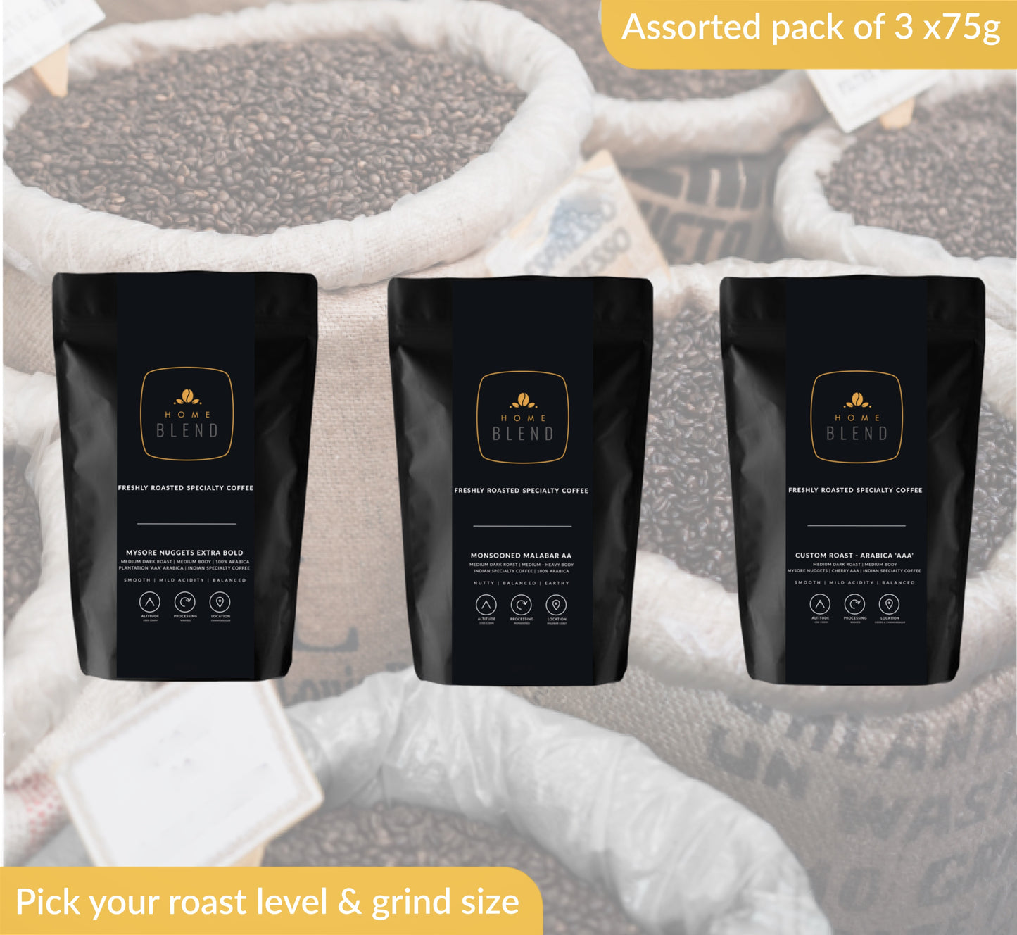 Home Blend Coffee Roasters Assorted Coffee Sampler Trial Pack of 3