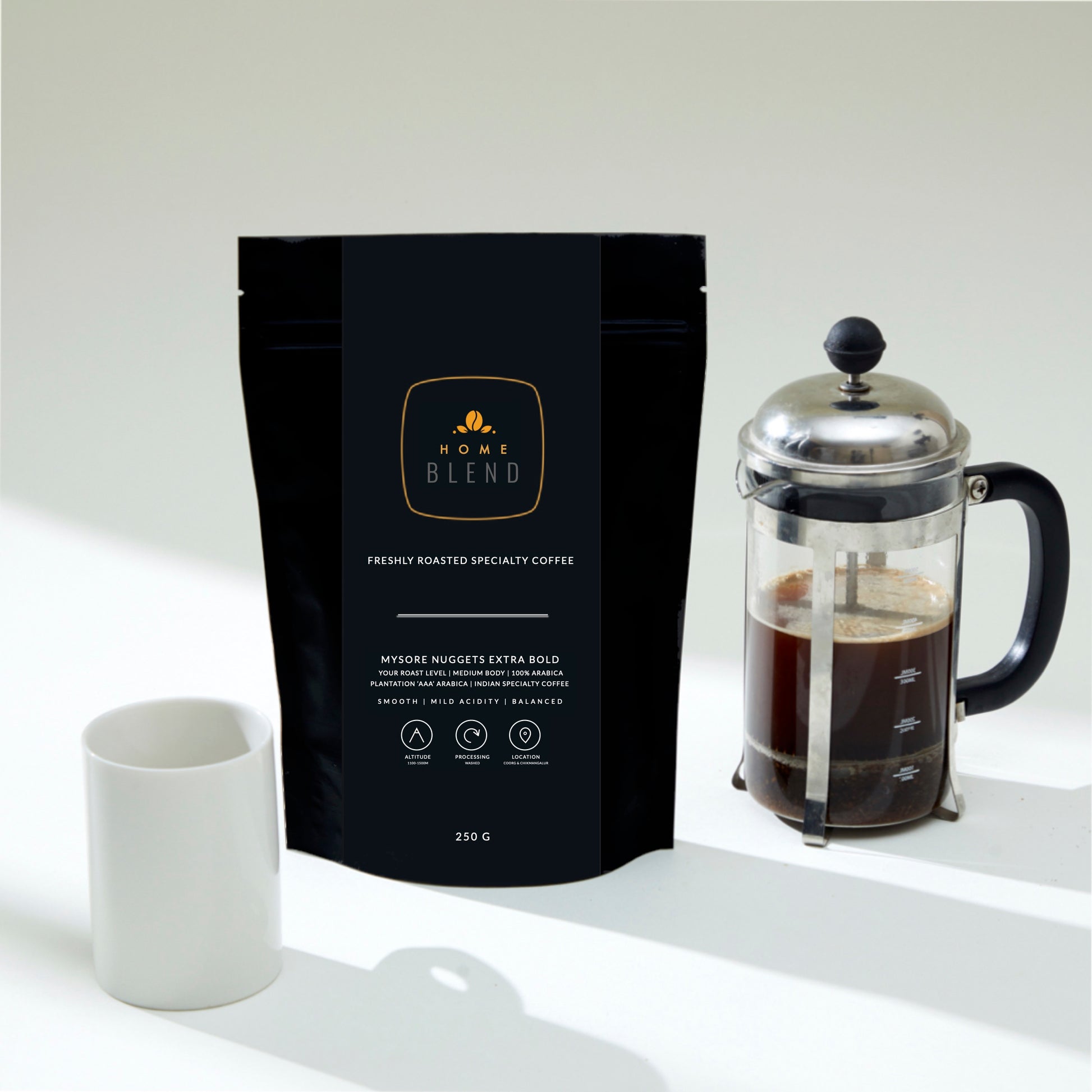 Home Blend Coffee Roasters French Press Coffee Mysore Nuggets Ground Coffee