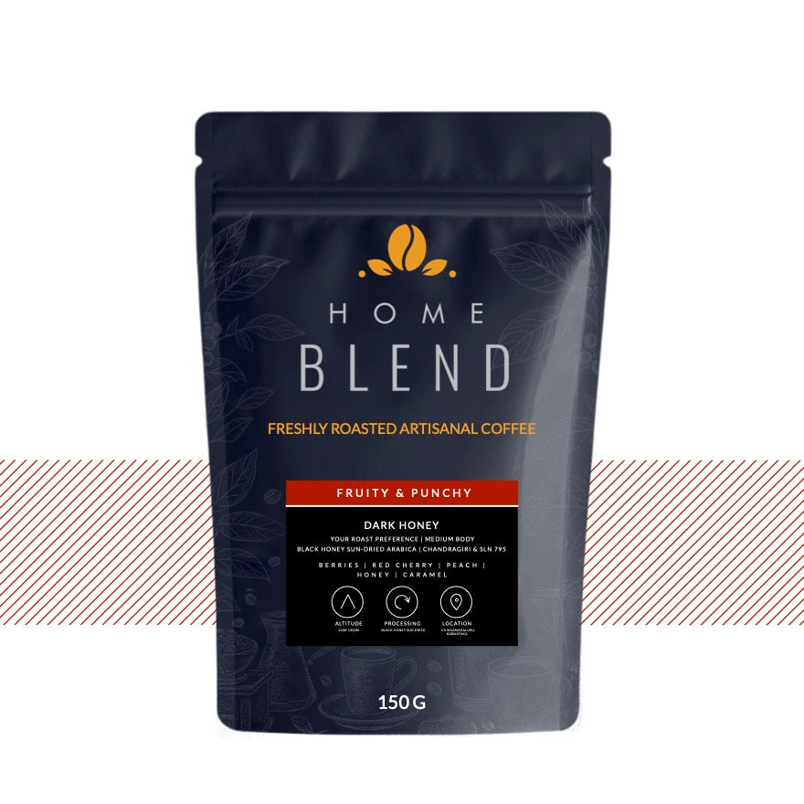 A 150g stand-up pouch of Home Blend Artisanal Coffee, Fruity & Punchy flavor, on a white background with a decorative diagonal stripe pattern behind it.