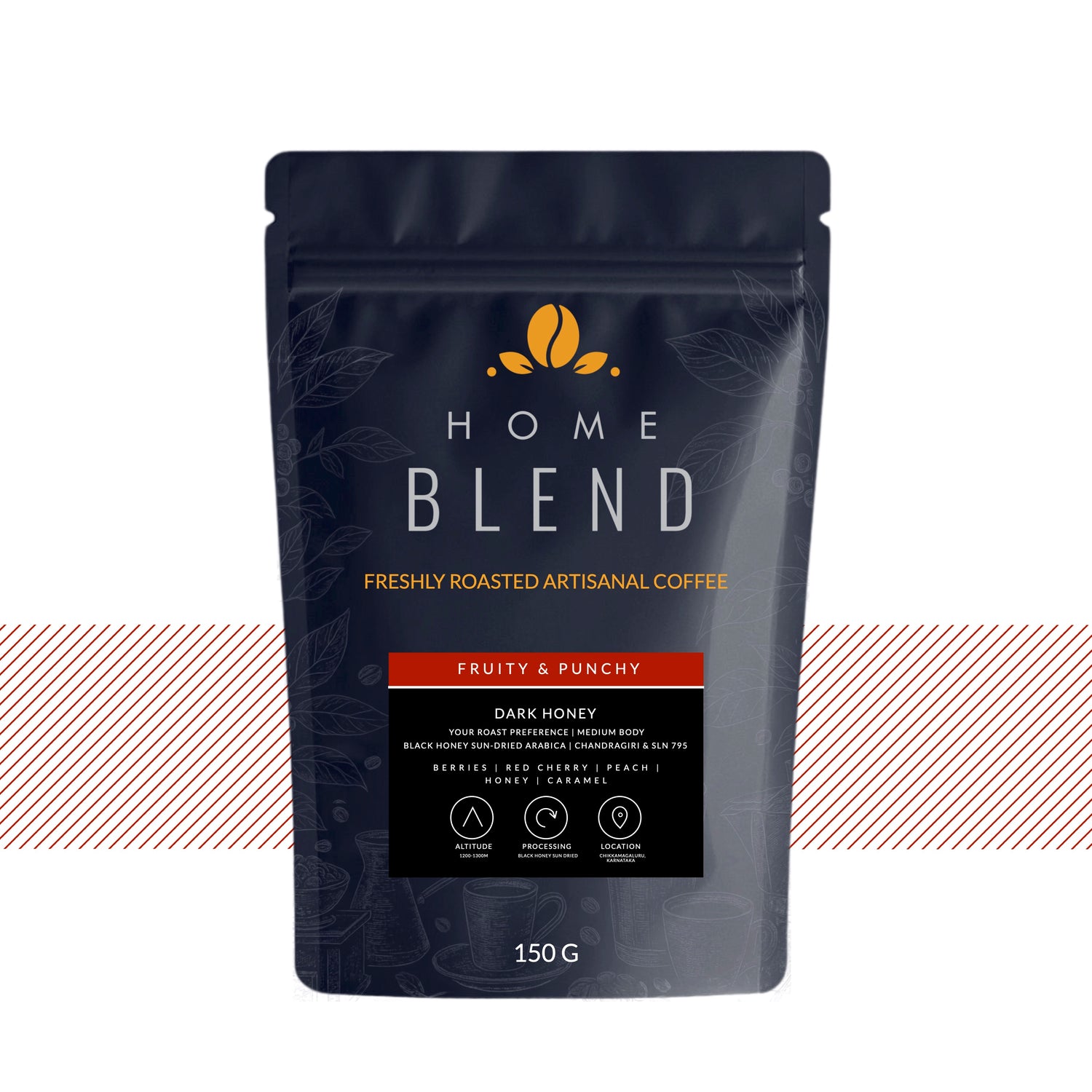 A 150g stand-up pouch of Home Blend Dark Honey coffee, featuring a dark navy blue package with gold and white text and a red accent band, set against a white background with a decorative red diagonal stripe pattern across the middle.