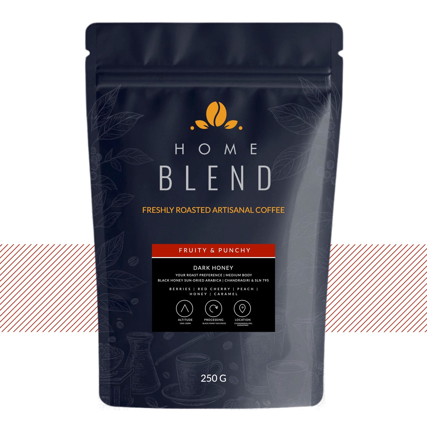 A 250g stand-up pouch of Home Blend coffee, featuring a dark navy blue design with gold and white text, and a red accent banner indicating 'Fruity & Punchy' flavor.