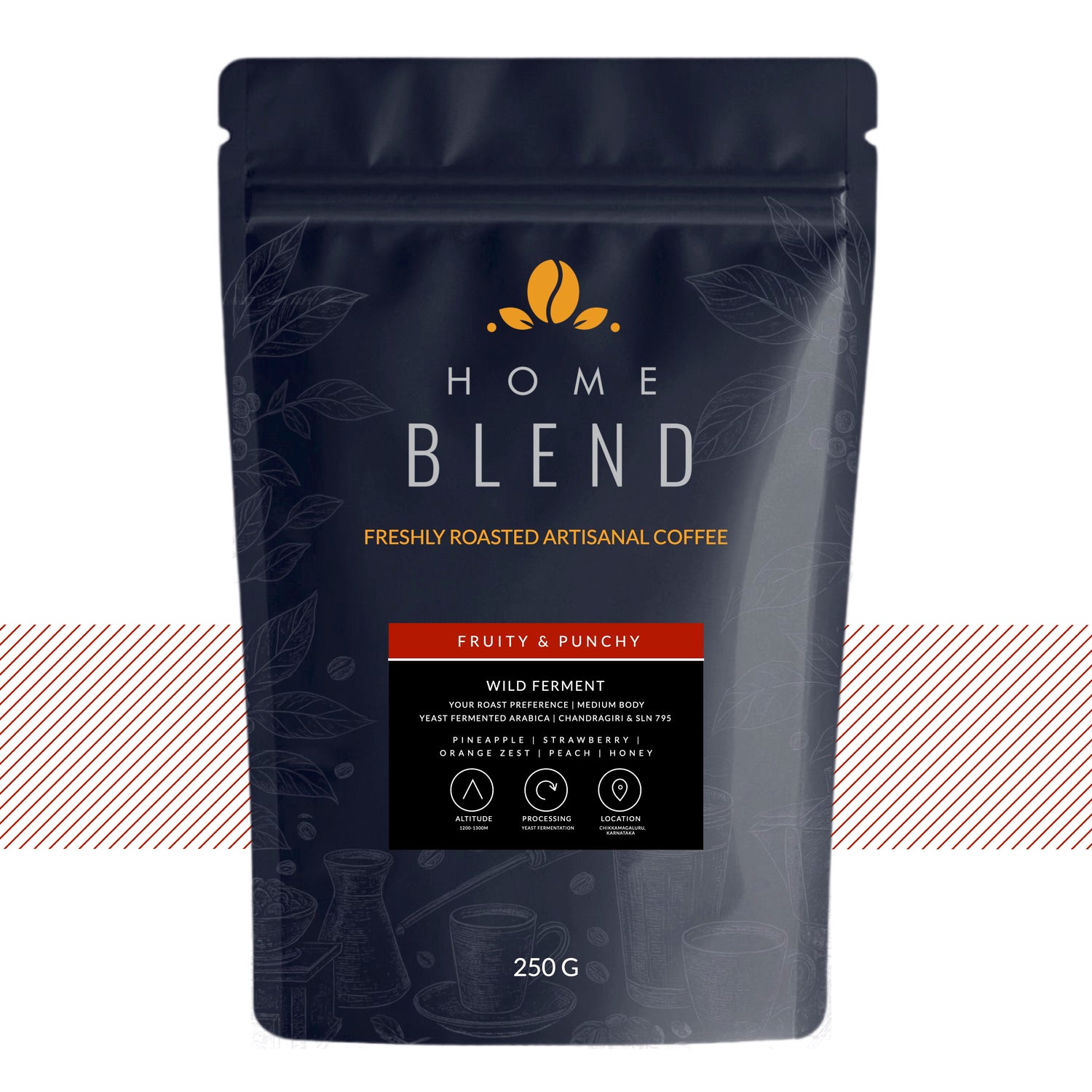A 250g stand-up pouch of Home Blend coffee, featuring a dark navy blue design with gold and white text, and a red accent banner indicating 'Fruity & Punchy' flavor.
