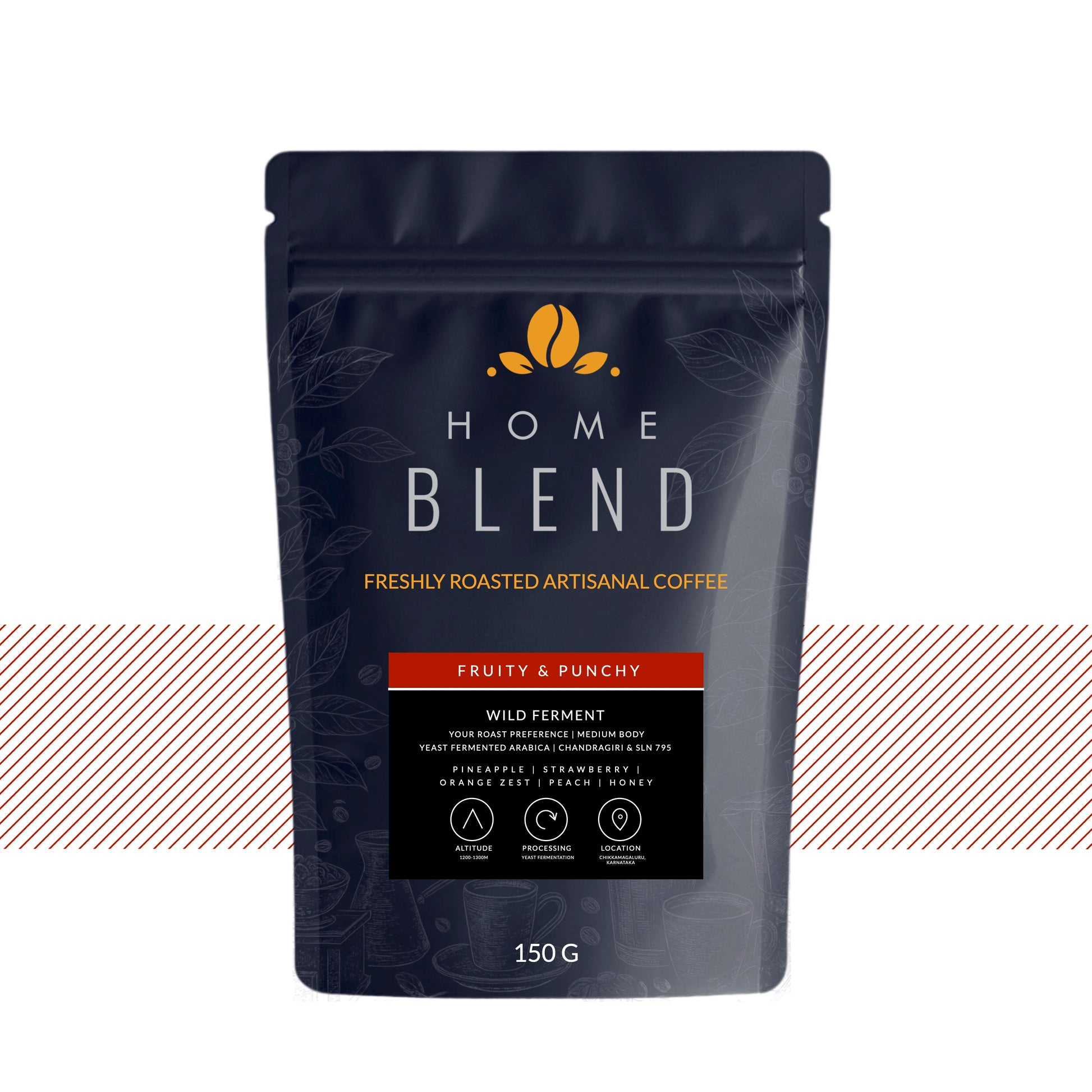 A 150g stand-up pouch of Home Blend Artisanal Coffee, Fruity & Punchy flavor, on a white background with a decorative red and white striped horizontal banner behind the package.