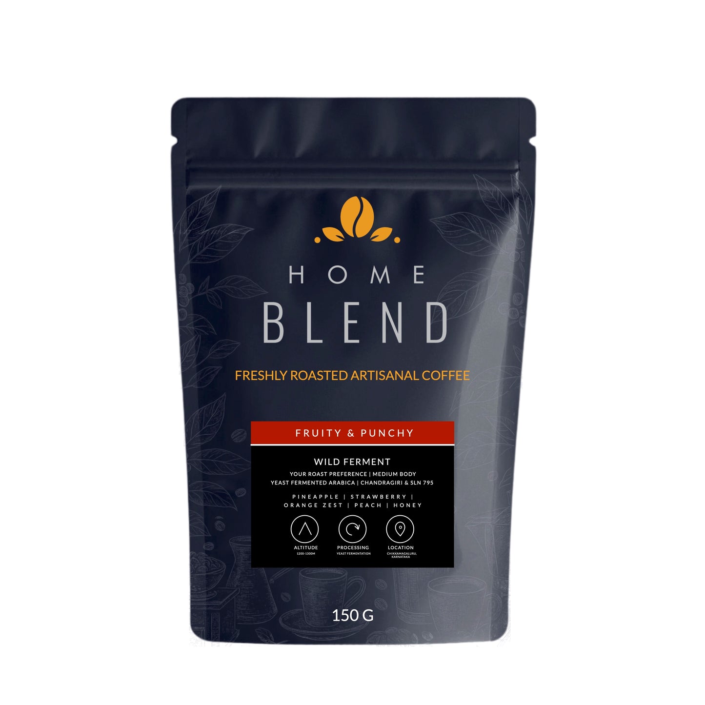 A 150g stand-up pouch of Home Blend Artisanal Coffee, Fruity & Punchy flavor, on a solid white background.