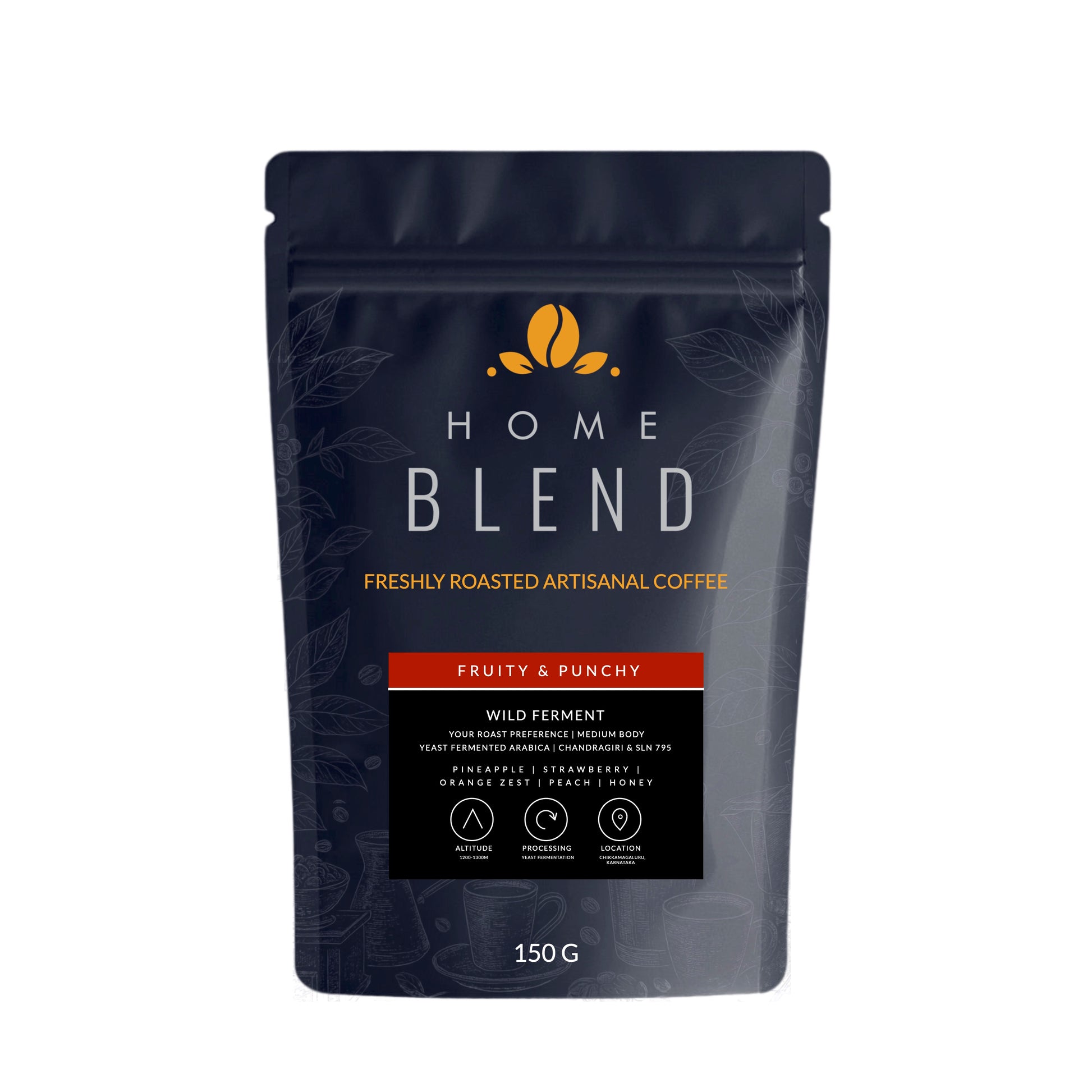 A 150g stand-up pouch of Home Blend Artisanal Coffee, Fruity & Punchy flavor, on a solid white background.