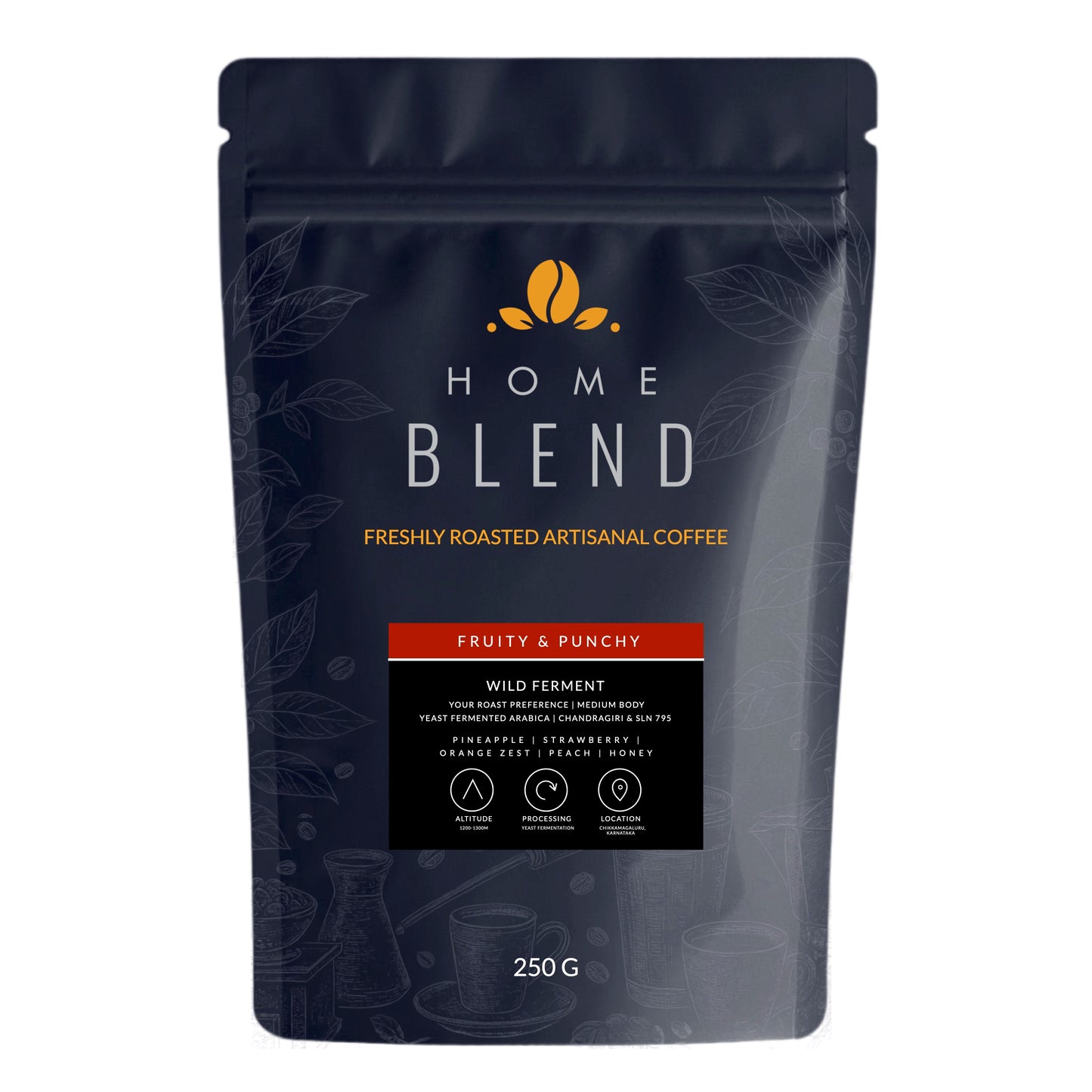 A 250g stand-up pouch of Home Blend Dark Honey coffee on a plain white background. The packaging is dark navy blue with gold and white text, and a red banner indicating the flavor 'Fruity & Punchy'.