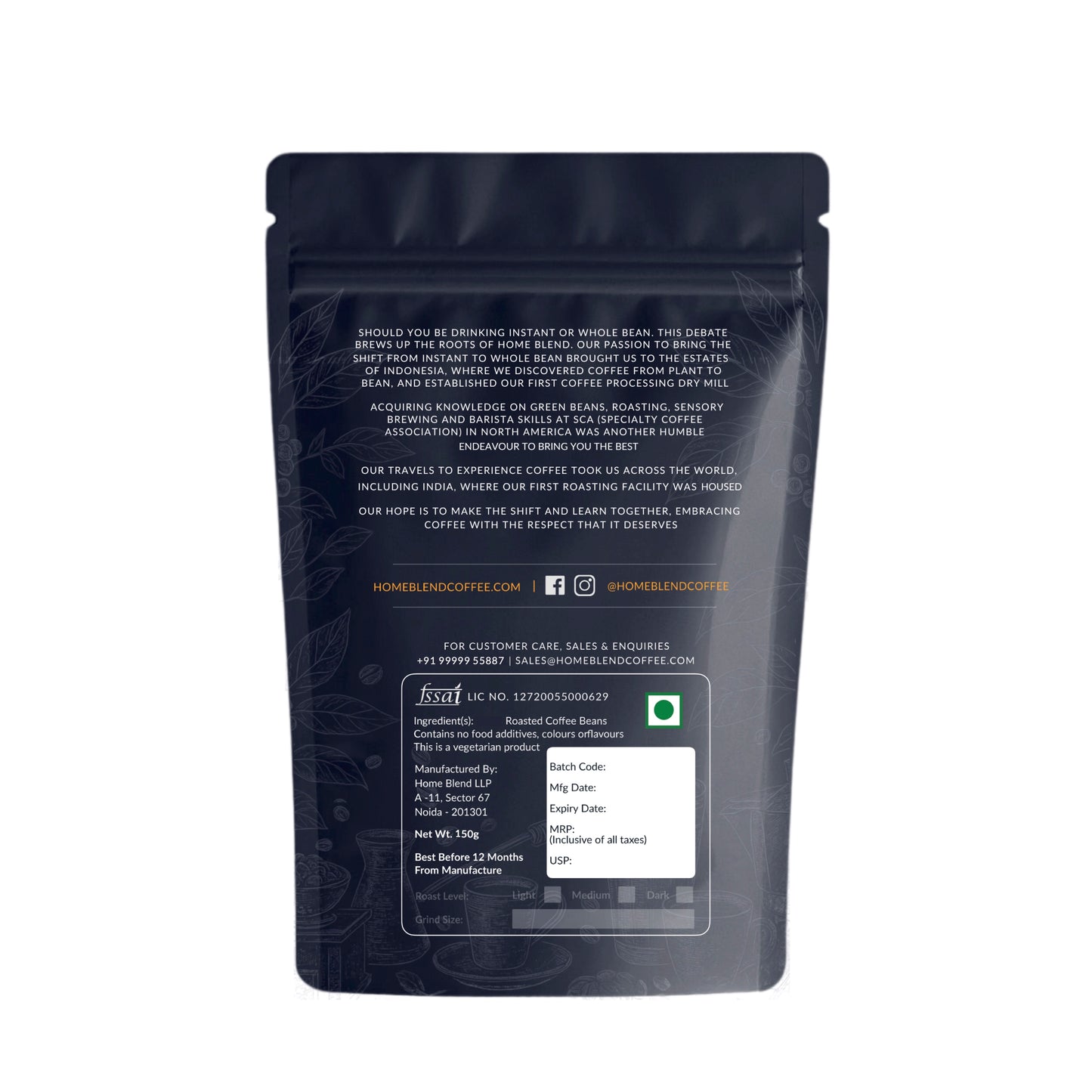 A dark blue home bend coffee roasters resealable stand-up pouch of food product shown from the back on a plain white background. The pouch has printed text, a white label area near the bottom, and a small green square logo near the lower right.