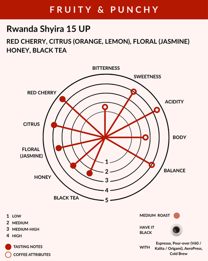 Tasting chart for Rwanda Shyira 15 UP coffee with flavor descriptors and ratings.